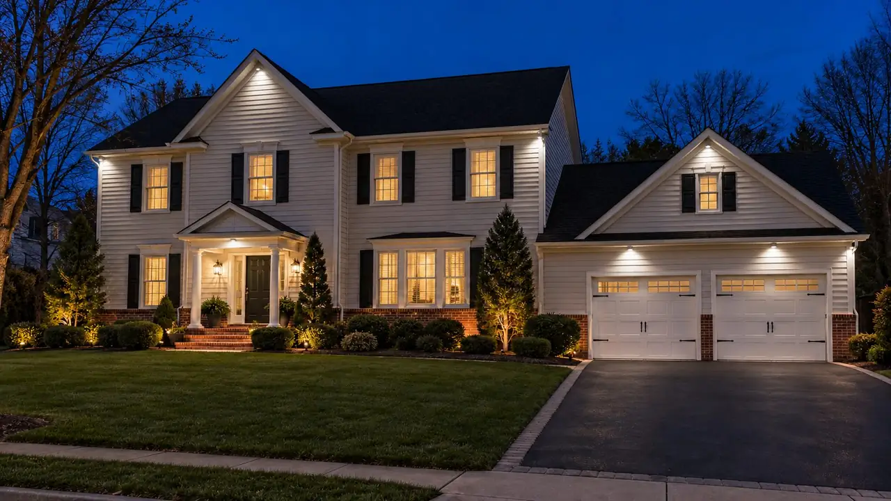 The same house with a few bright white accent lights