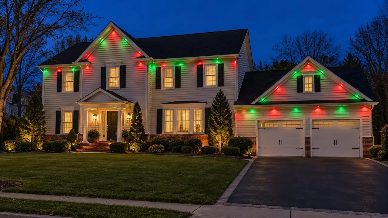 Two-story house lit red and green with permanent roofline lights