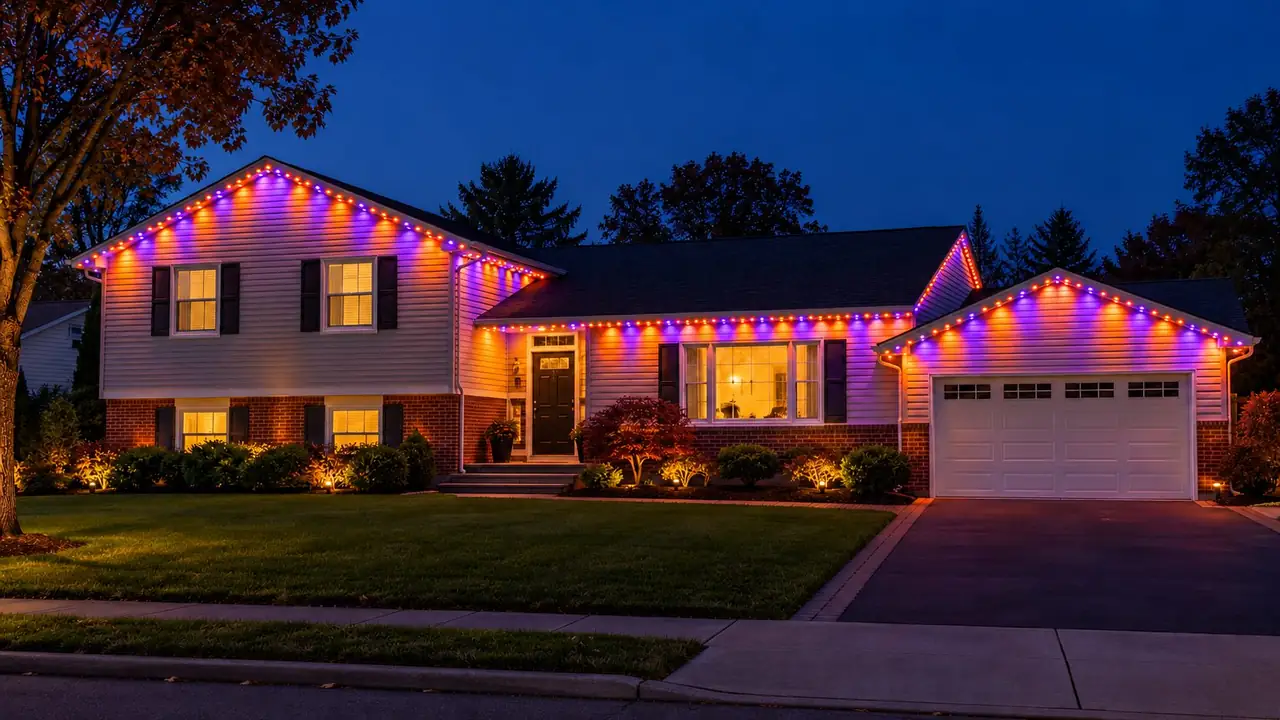 Split-level house lit orange and purple for Halloween