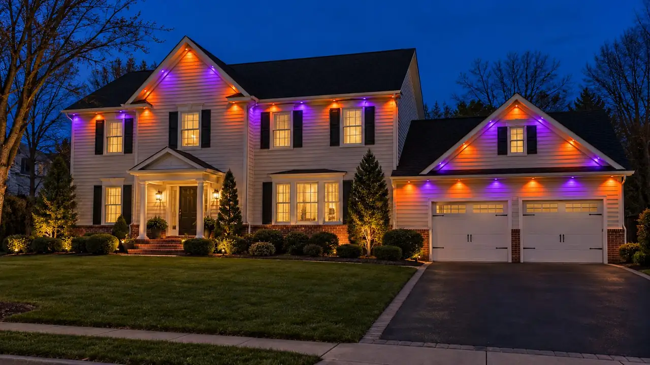 The same house lit orange and purple for Halloween
