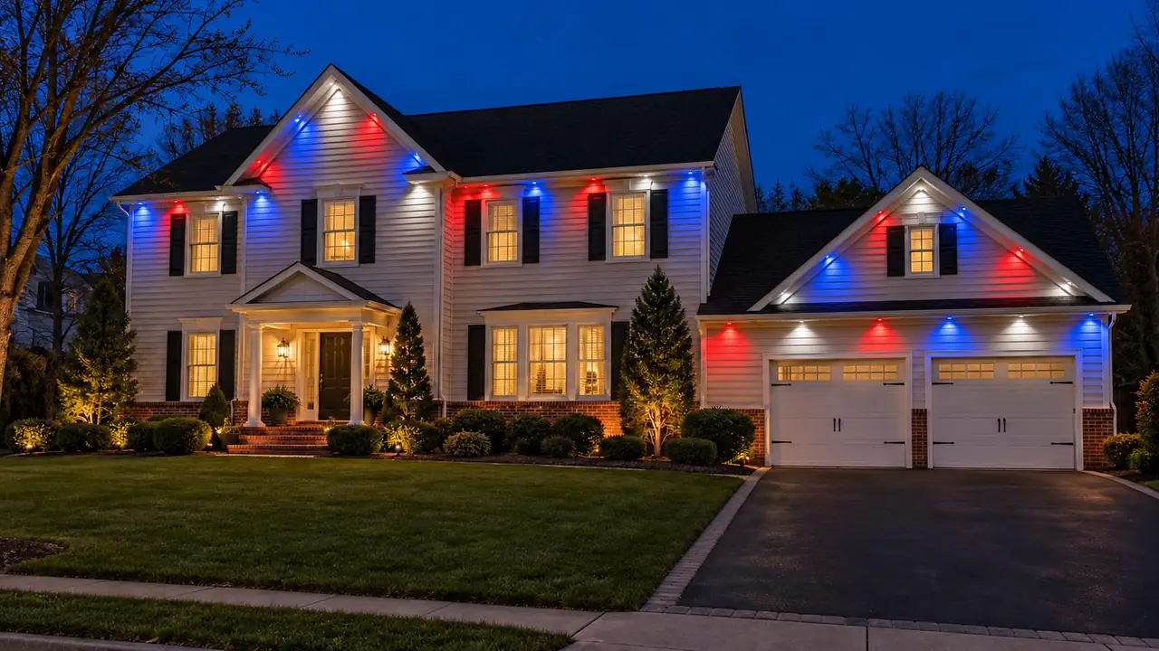 The same house lit red, white and blue for July 4th
