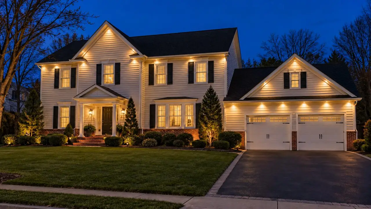 The same house with soft warm white light washing down the walls